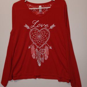 No Boundaries Women’s Red Tunic size XL/XG (15-17) Hi-Lo 3/4 Sleeve  LOVE Detail